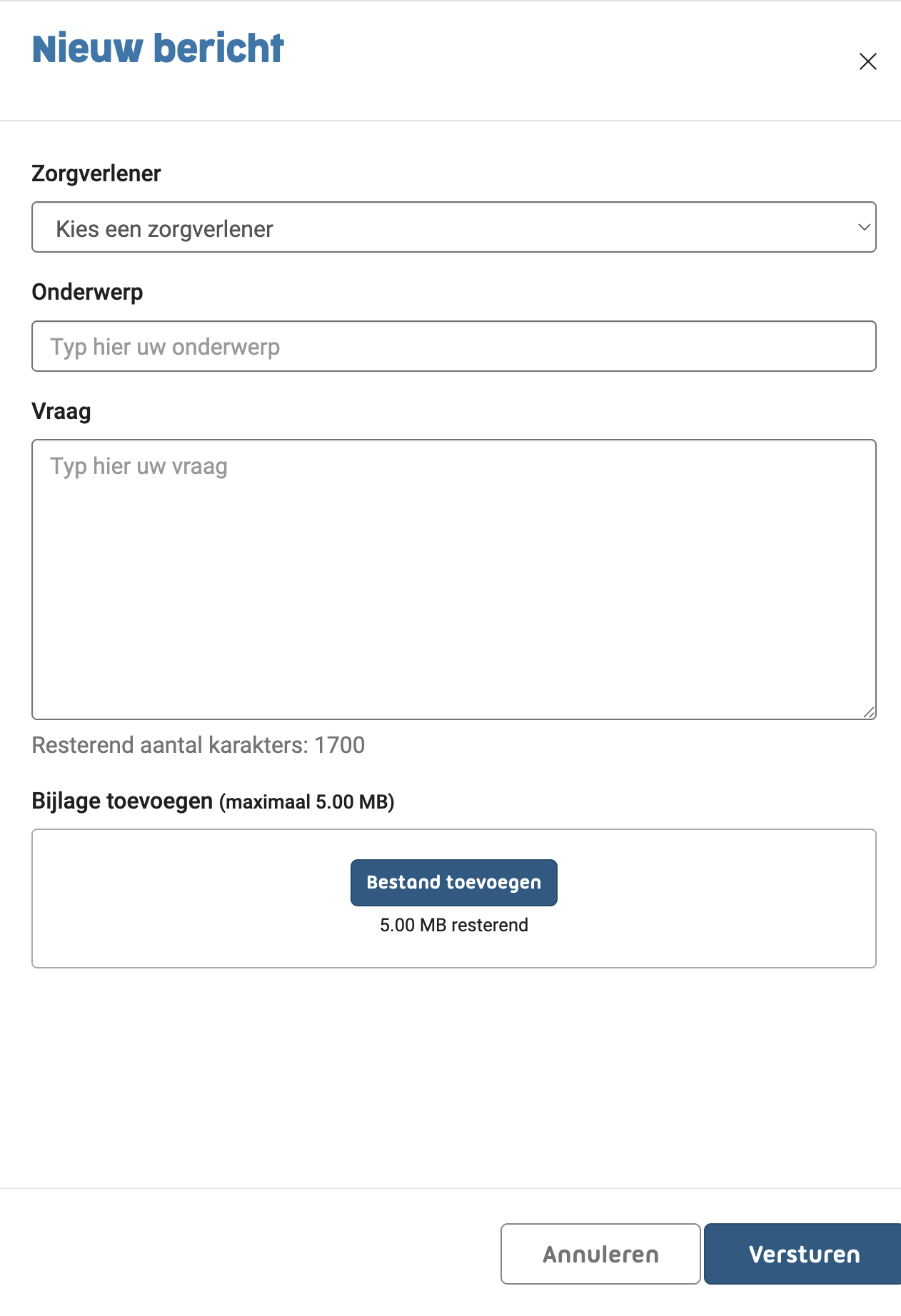 Invulscherm van een nieuw bericht in het patientenportaal