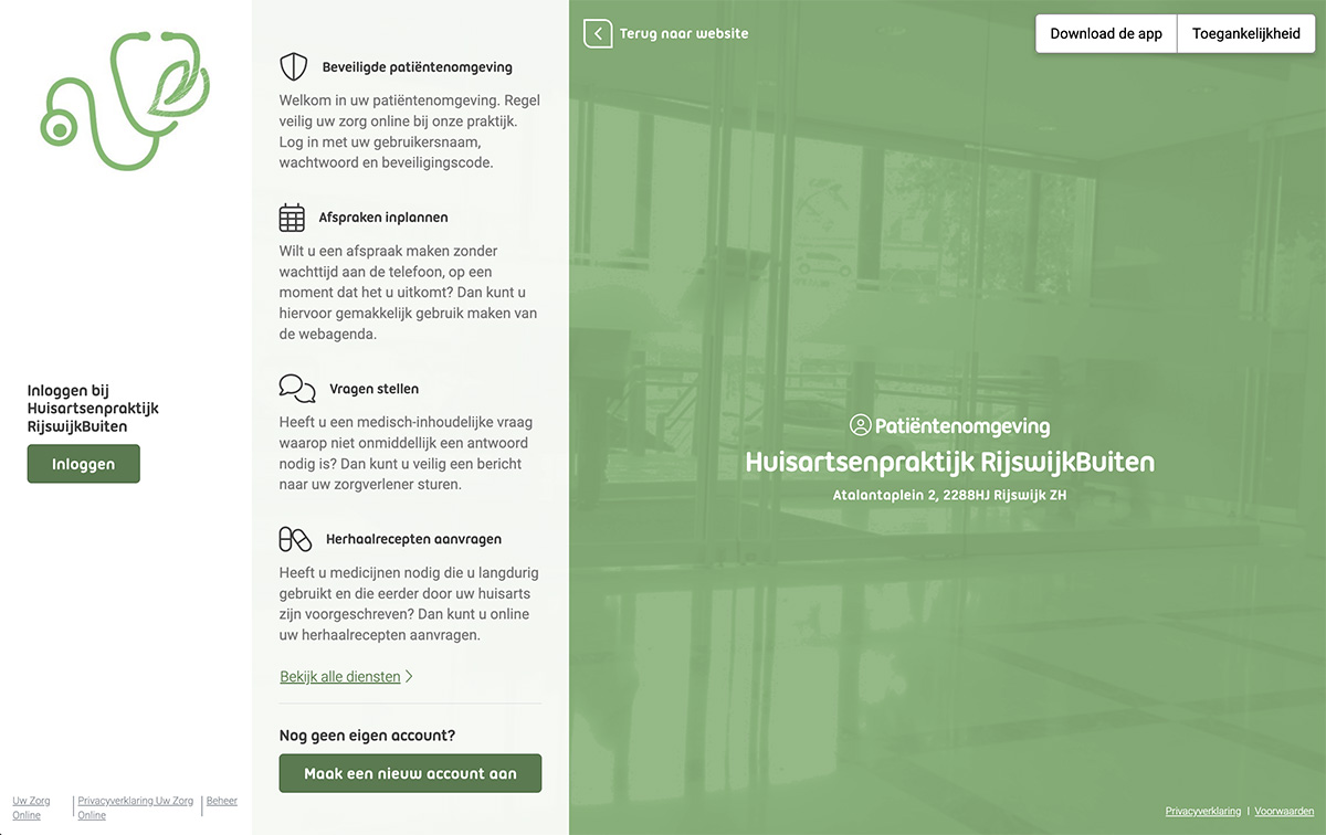 Beeld van het startscherm van het Patientenportaal Huisartsenpraktijk RijswijkBuiten